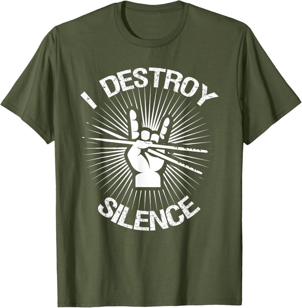 Drummer I Destroy Silence Rock Hand Drum Sticks Graphic Tee Casual Unisexs TShirt