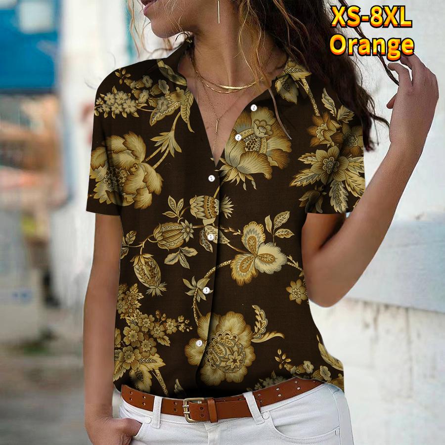 2025 Summer New Fashion Women's Flower Printed Short Sleeve V-neck Casual Button-down Shirt Top