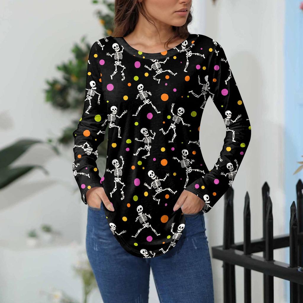Women's Loose Fit Long Sleeve T-Shirt with Retro Halloween Print, Neck Pullover Top