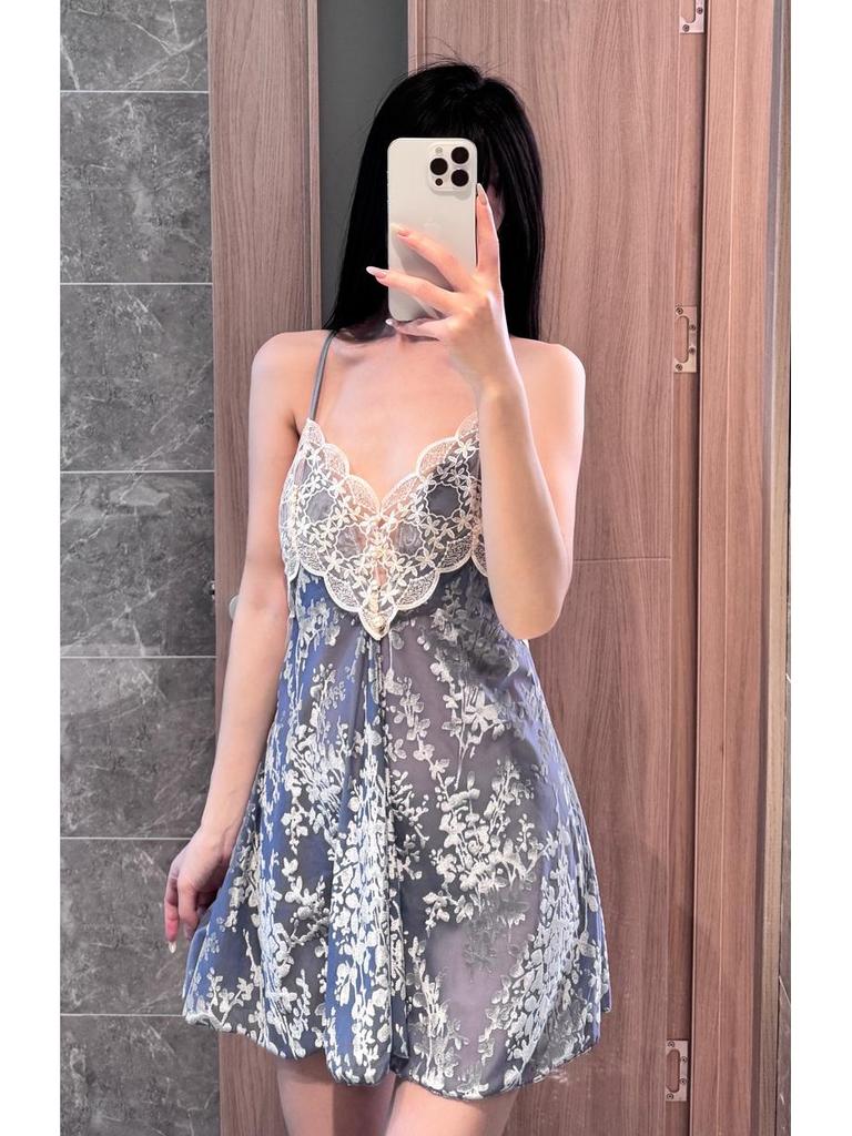 French Sexy Women's Pajamas: 2025 Burnt-Out Lace Camisole & Shorts Set