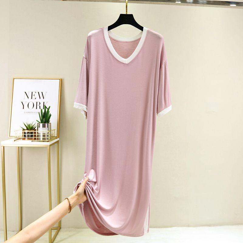 

Модальное платье с коротким рукавом женское летнее свободное стройнящее большого размера ночная сорочка трендовое тонкое с V-образным вырезом контрастного цвета базовое платье Pink Free size (recommendation 40.00 kg-65.00 kg