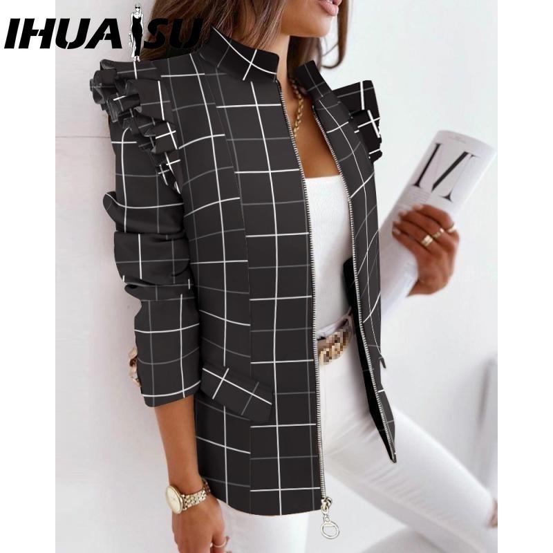 IHUASU Giacche e cappotti a maniche lunghe autunno inverno con stampa casual vintage a reticolo da donna