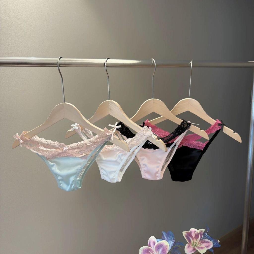 French Summer Dopamine Low-Rise Lace Satin Thong with Bow for Women