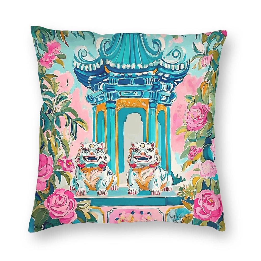 Chinoiserie Foo Dogs Pagoda Garden Square Pillowcase Polyester Linen Velvet Printed Decorative Throw Pillow Home Cushion Cover