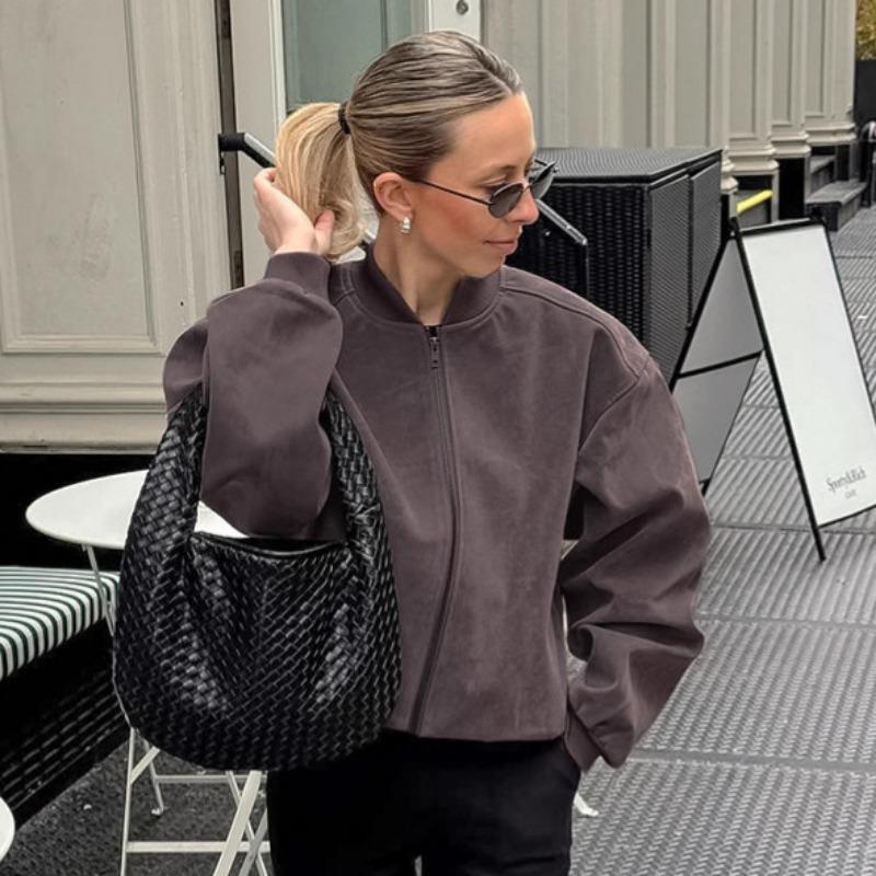 Giacca Bomber da Pilota da Donna Grigia Vintage con Collo Alto, Manica Lunga, Zip, in Pelle Scamosciata