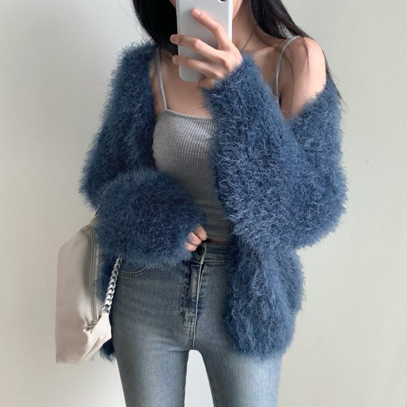Chic Korean Faux Mink Long-Sleeve V-Neck Cardigan Sweater for Women