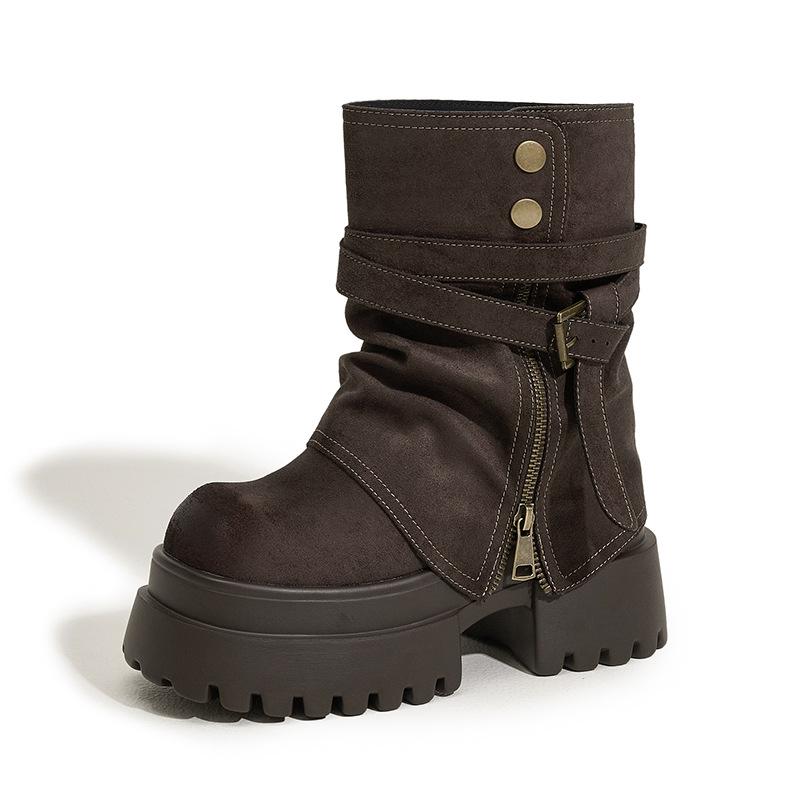 

Thick-soled Martin boots women s 2025 autumn and winter new small inner height-increasing boots medium tube cigarette boots versatile trouser tube boo 39 темный кофе