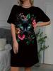 Women's Kitten and Flower Print Round Neck Short Sleeve Dress - Home Dress