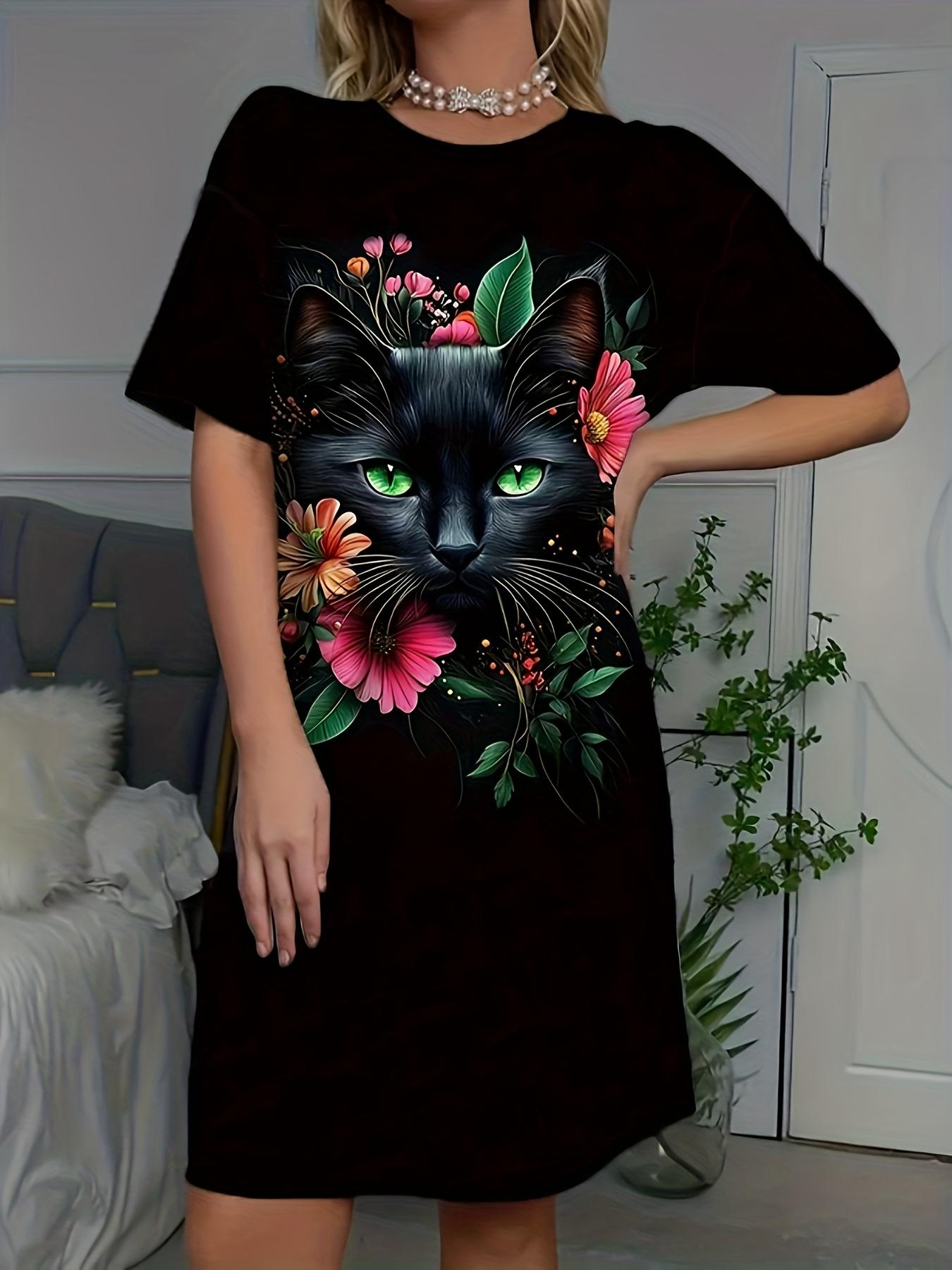 

Women s Kitten and Flower Print Round Neck Short Sleeve Dress - Home Dress 6XL дубильная кора
