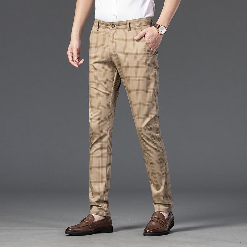 Spring/Summer Pants Men'S Casual Pants Men'S Checkered Elastic Slim Fit Versatile Business Straight Leg Pants