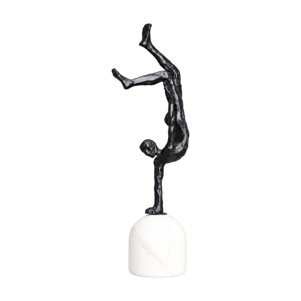Inverted Pose Human Sculpture Metal Finish with White Pedestal