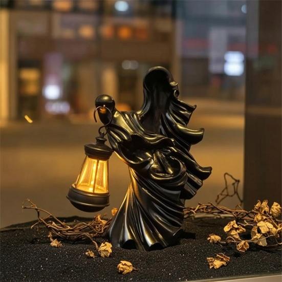 Resin Halloween Sculpture Witch Lantern, Gothic Ghoul Terrifying LED Night Light, Mysterious Accessory Waterproof Hell Reaper Spooky Tabletop Figurine