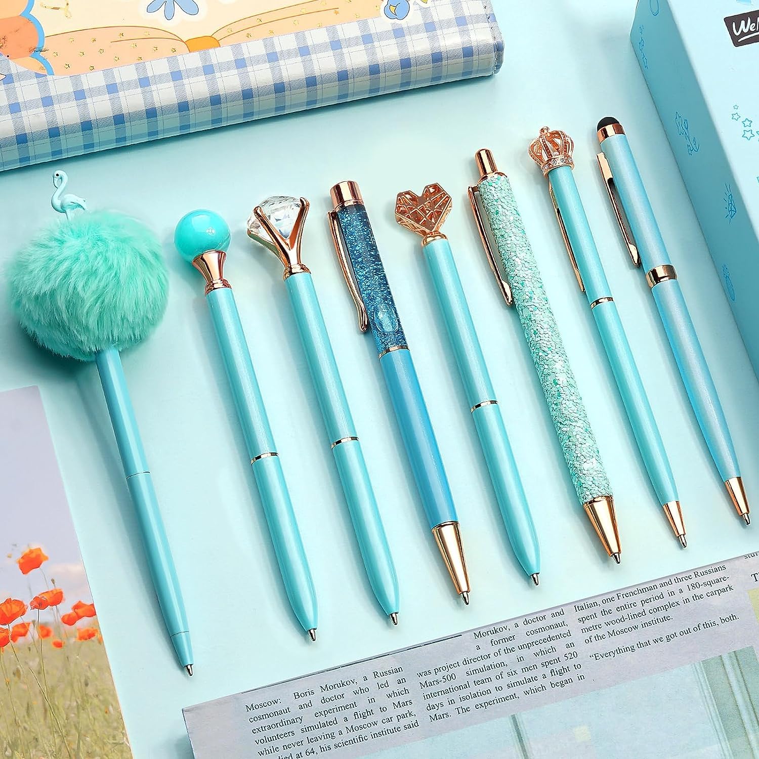 

WEMATE Ballpoint Pen Set Blue Black Ink Glittery Cute Pens Metal Diamond Pens Gift for Office Use Blue Oil-Based 8-Piece 0.5mm & - Women, Students, синий