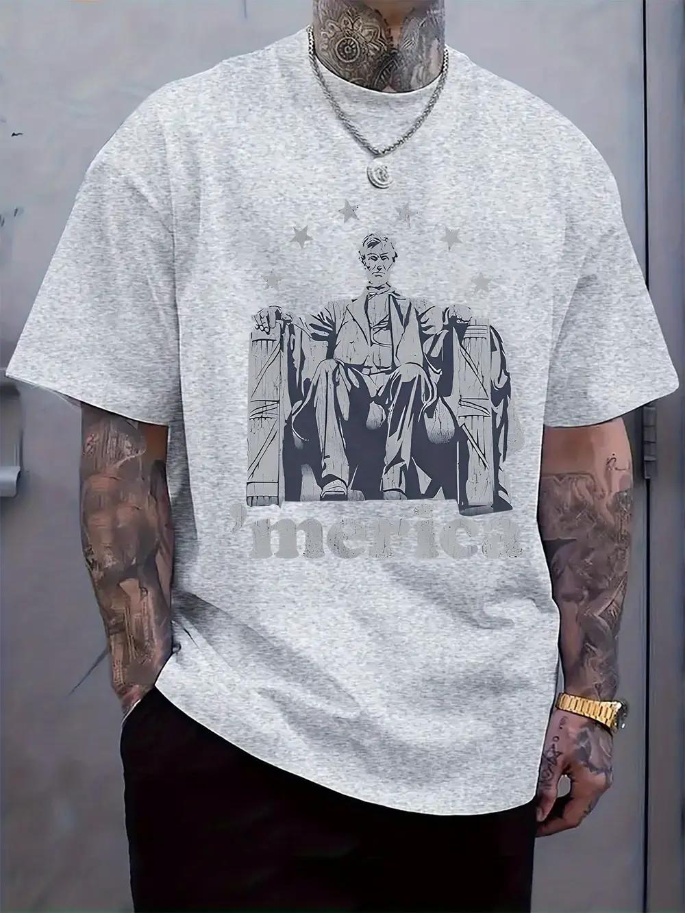 Patriotic Merica Graphic Tee - Casual Crew Neck Short Sleeve T-shirt with Founding Fathers Design XXXXL