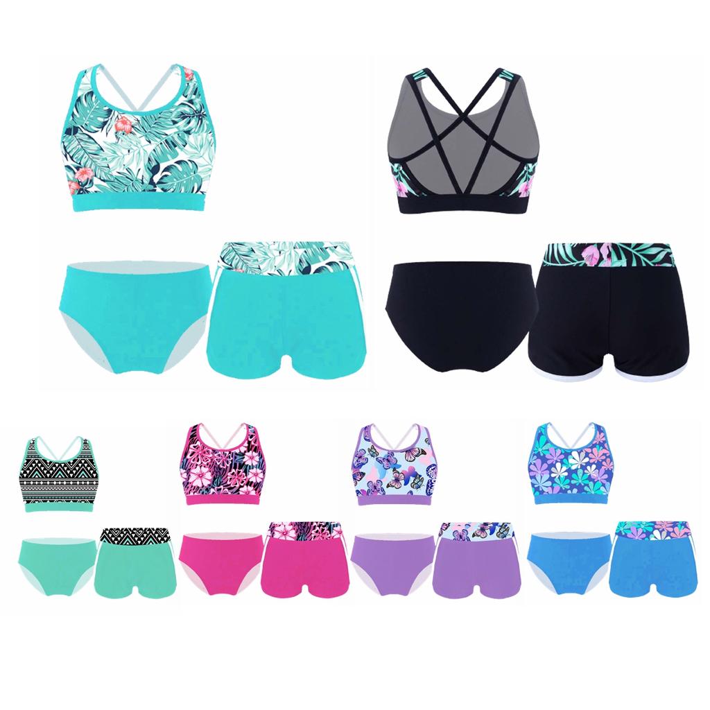 Kids Girls 3 Piece Swim Set U Neck Cross Back Crop Top with Swim Shorts and Briefs Beach Pool Rashguard Outfit Sun Protection