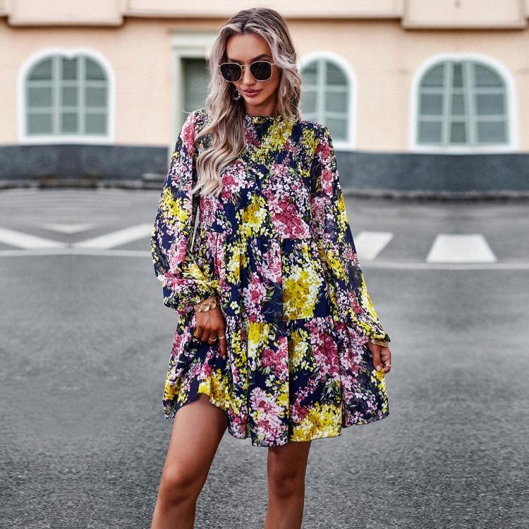 Women Floral Printed Casual Loose Fit Dress Long Sleeve Short O Neck All Match