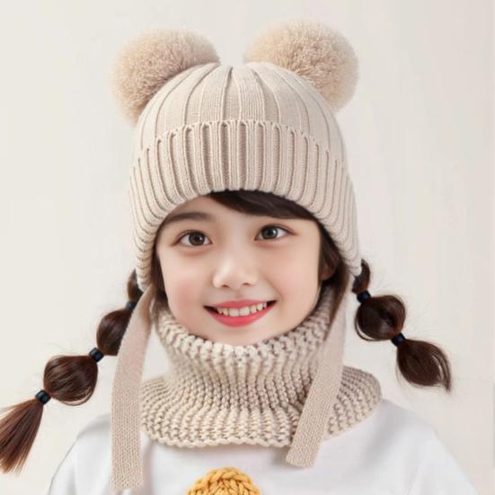 2Pcs/Set Children Winter Hat Scarf Set Plush Ball Decor Solid Color Plush Lining Knitting Hat Warm Neckerchief Set