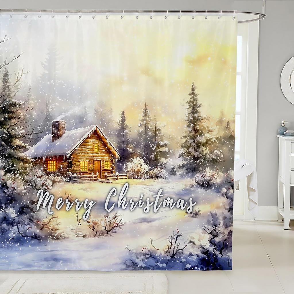 3DCute Cat Shower Curtain Christmas New Year Theme Bathroom Curtains for Kids Boys Girls Teens Lovely Kitty Decor Winter Holid