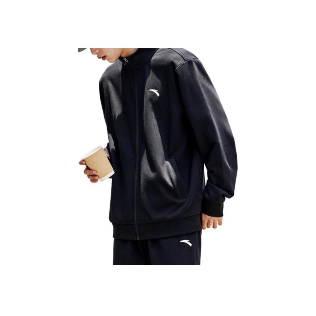 Anta Training Series Solid Color Zipper Fleece Jacket And Long Pants Casual Sports Set Men sets Basic-Black 952357202-3