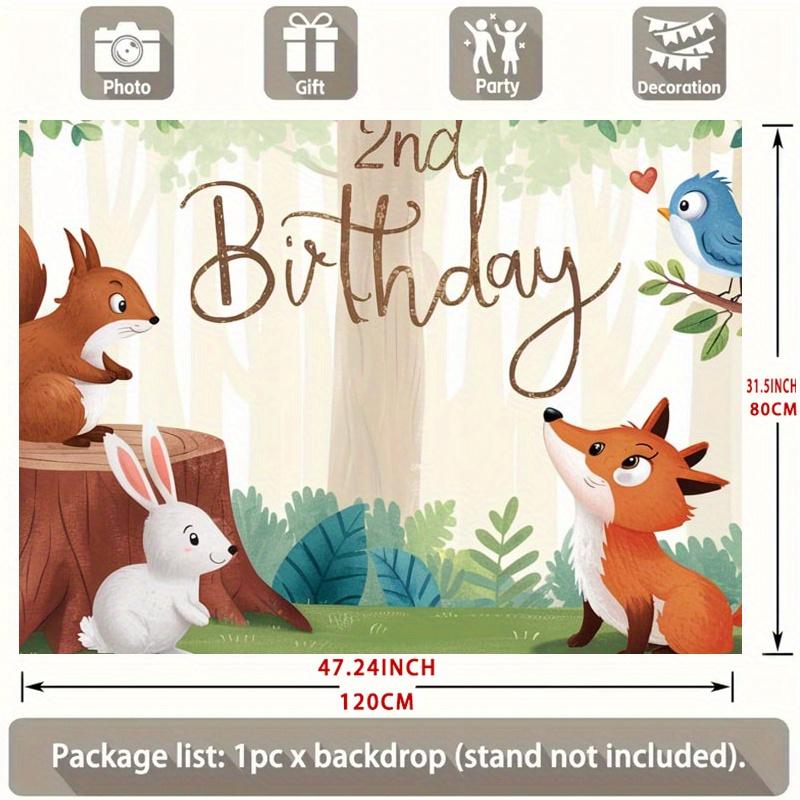 Forest 2nd Birthday Party Banner, Squirrel Rabbit Fox Polyester Backdrop for Room Wall