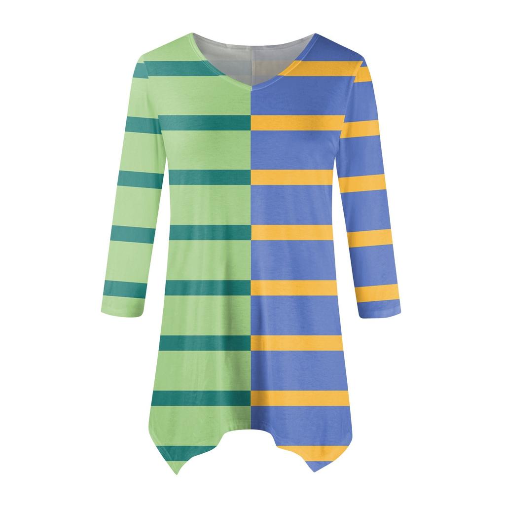 Women's Fashion Casual V-neck Striped Printed Seven-point Sleeve Shirt Belted Loose Comfortable Top