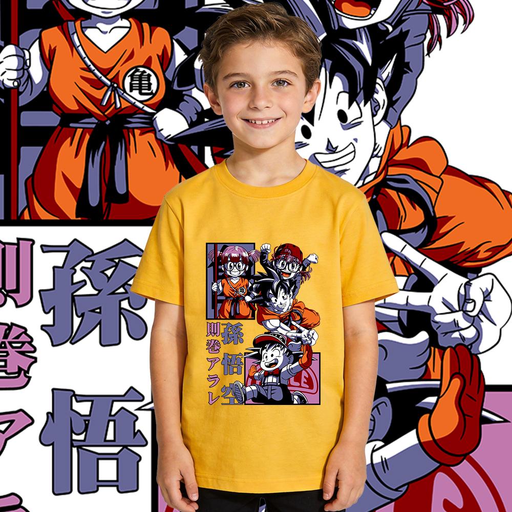 Dbz Goku x Arale Anime Print Kids Cotton T Shirt Boys Girls Casual Tee Soft Breathable Top