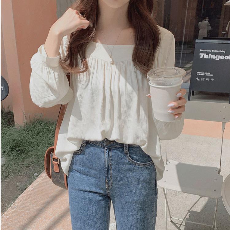 

2024 Women s Korean Style Loose Fit Chiffon Shirt - Long-Sleeved, Solid Color with Niche Square Neck Small абрикосовий