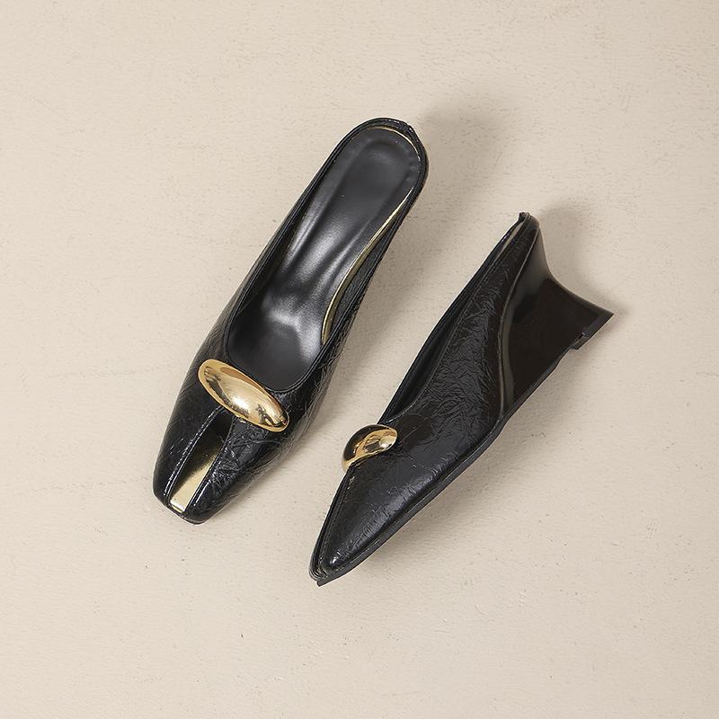 French Wedge Heel Bag Head Cool Slippers Women's Summer Wear Metal Super Versatile Fashion High Heel Muller Half Drag