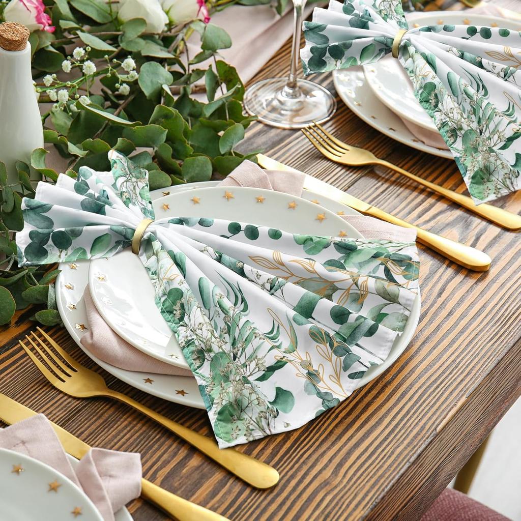 12 Pcs Eucalyptus Greenery Cloth Napkins 20"x20" Washable Dinner Tea Party Napkins for Kitchen Party Wedding Restaurant Indoor Outdoor Botanical