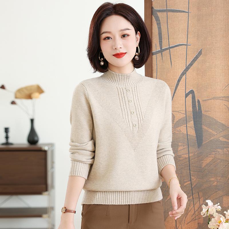 2024 Women's Autumn/Winter Semi-High Collar Long-Sleeve Knitted Top for Middle-Aged and Elderly.