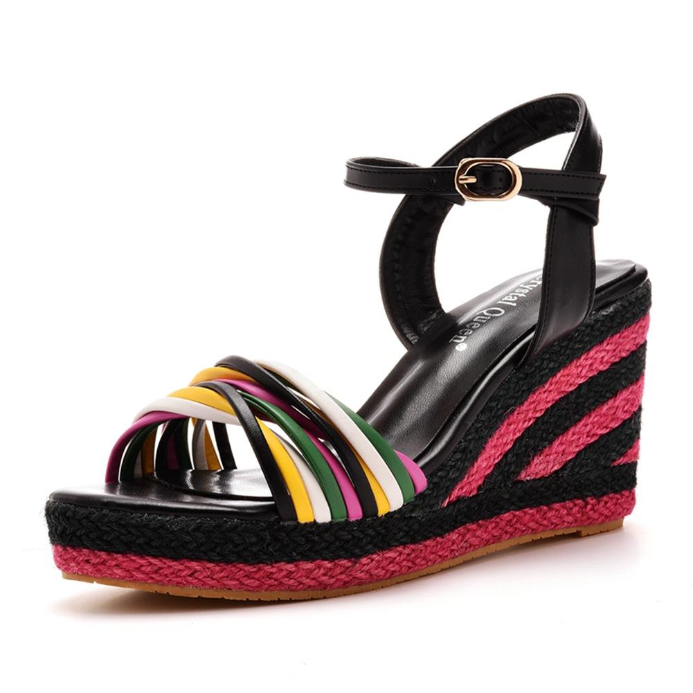 9cm Bohemian Wedge Sandals Waterproof Platform Fish Mouth High Heel Sandals Straw Mat Wedge Beach Sandals