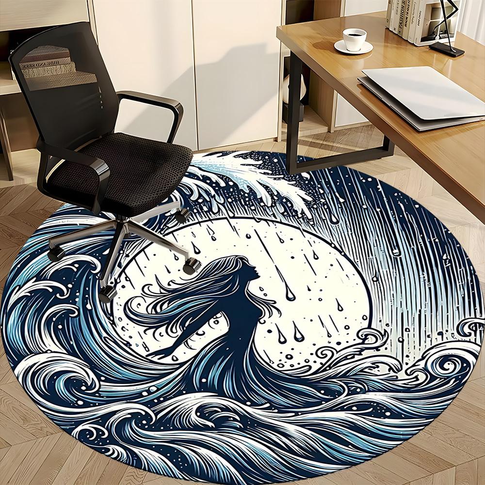 1pc Ocean Waves Office Round Area Rug, Indoor Mat Suitable For Office, Under Office Chairs Bedroom Living Room Home Decor234