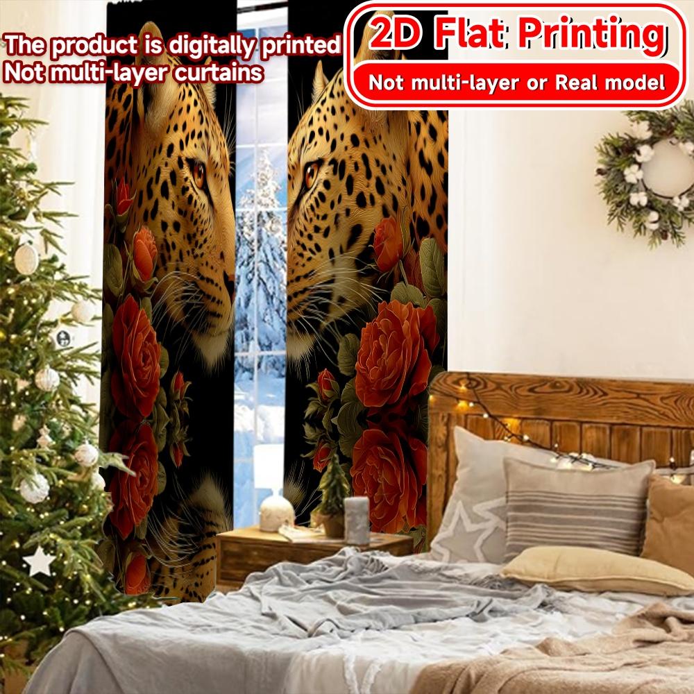 Set Of 2 Flat Printing Curtains Without Rod Leopard Roses Reflection Valentine Is Day Festival Creative Semi Light Filtering Made Polyester