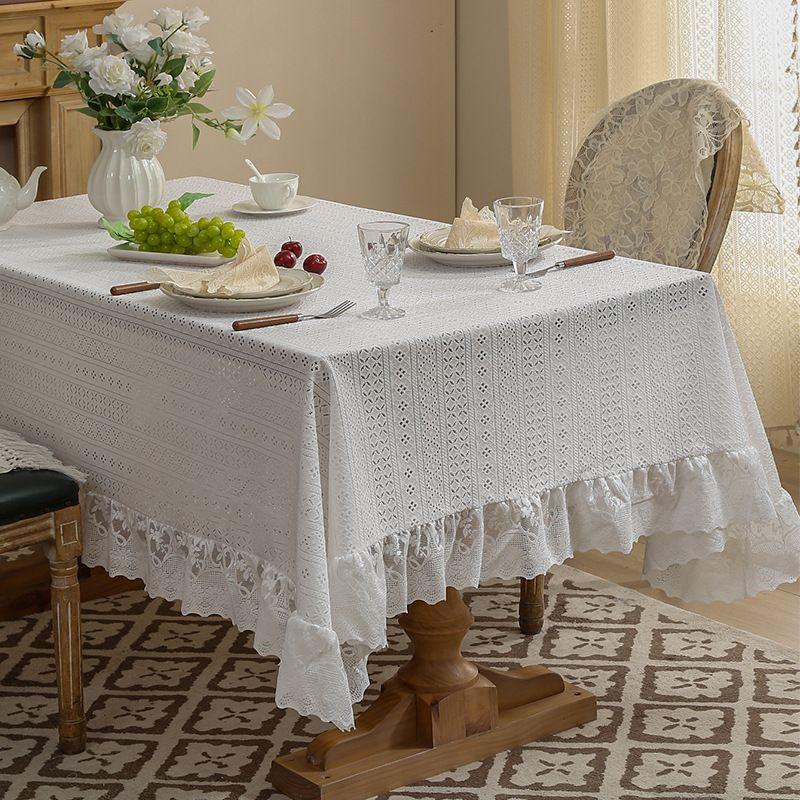 Vintage Coffee Table with Green Hollow Lotus Leaf Edge Lace Tablecloth and Rectangular Dining Table Cloth