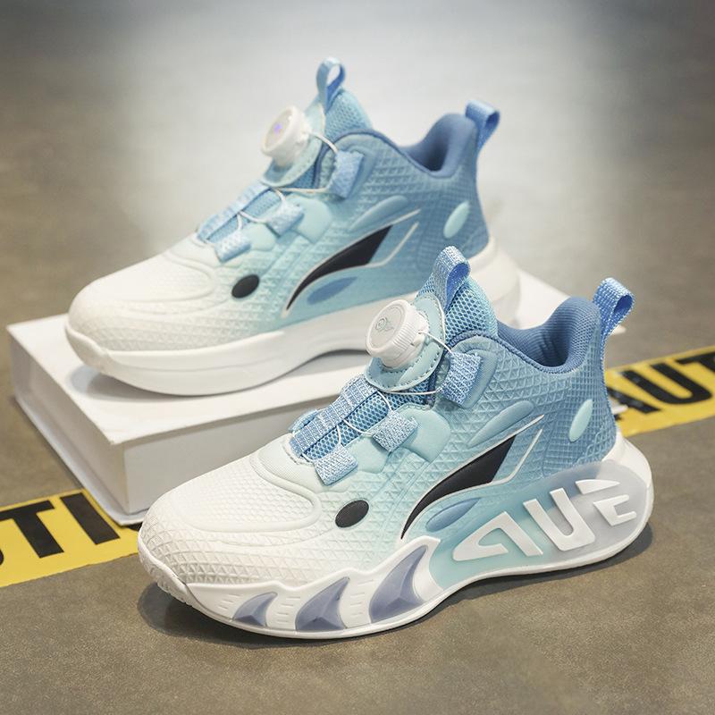 Children's Basketball Shoes Medium and Older Children's Boys Button Running Shoes Spring and Autumn Mesh Breathable Soft Sole Non-slip Sports Shoes