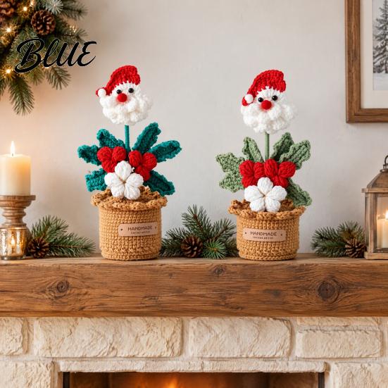 Winter Home Ornaments Crochet Potted Santa Plant Handmade Christmas Ornament Decorative Knitted Plant Gift Flower for Office Desk Bookshelf