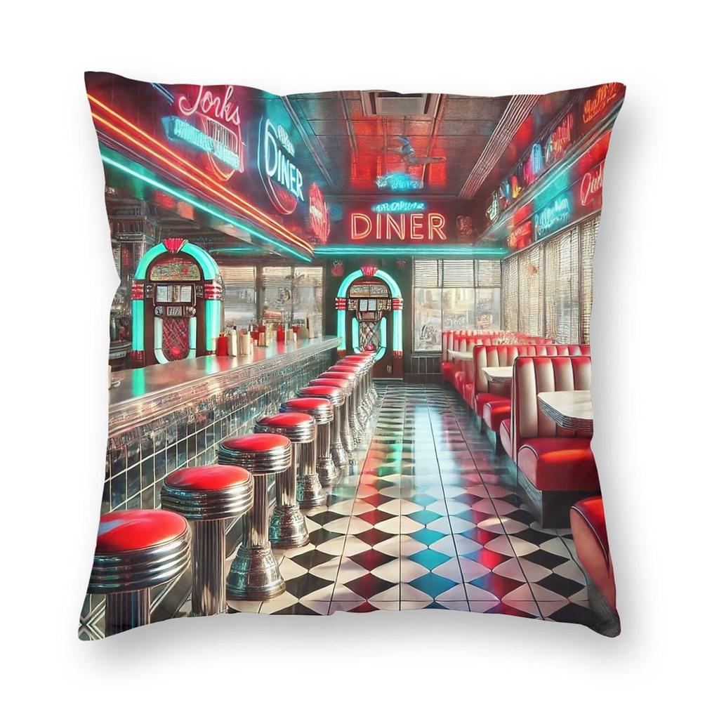 American Diner Neon Lights Square Pillowcase Polyester Linen Velvet Creative Decorative Throw Pillow Sofa Seater Cushion Case