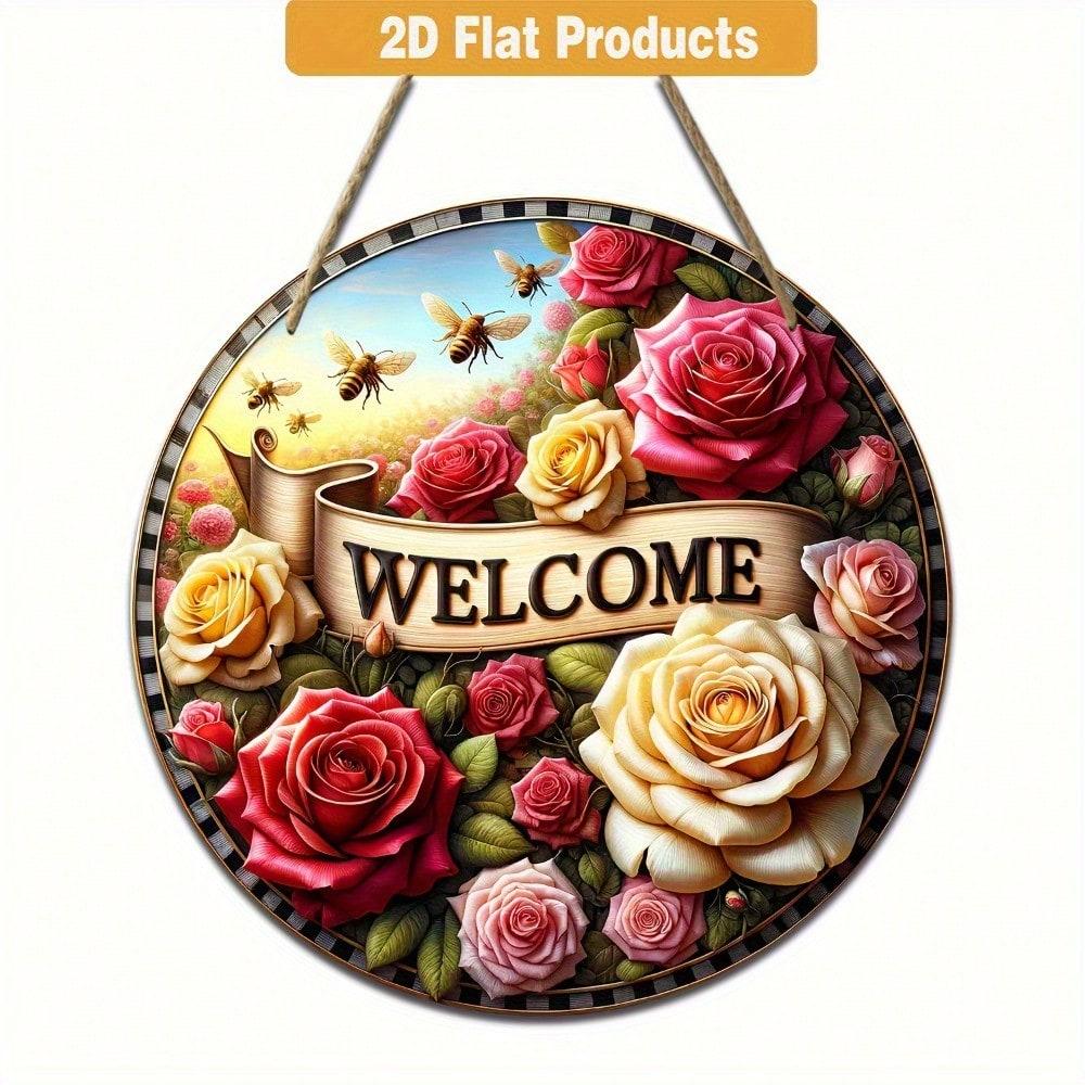 Vintage Welcome Sign Floral Wreath Round Rustic Wall Art Home Garden Farmhouse Decor