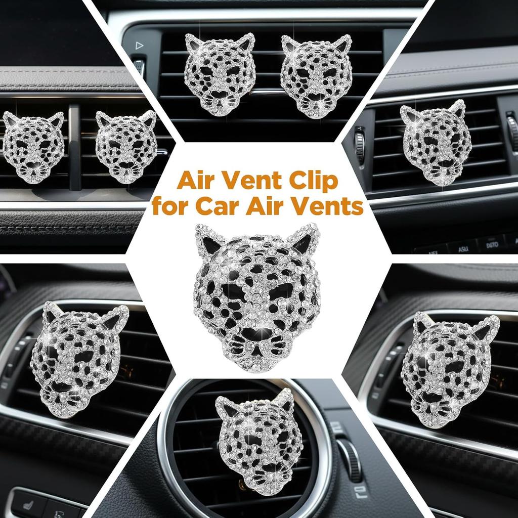 2 Pcs Bling Leopard Air Vent Clips Rhinestone Car Vent Clips Cheetah Print Car Accessories Diamond Bling Accessories for Women(Silver)