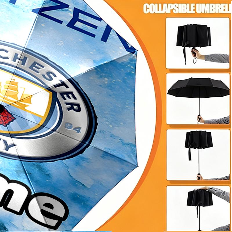 Custom Name Personalized Manchester City FC Print Umbrella, Auto Open Close, 8‑Rib Sturdy Frame, Commute Camping Hiking Use, Birthday Gift