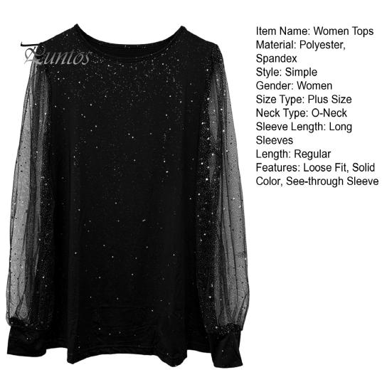 Damen-T-Shirt mit Rundhalsausschnitt, durchsichtig, glitzernd, langärmelig, einfarbig, lockere Passform, lässige Oberteile für den Alltag