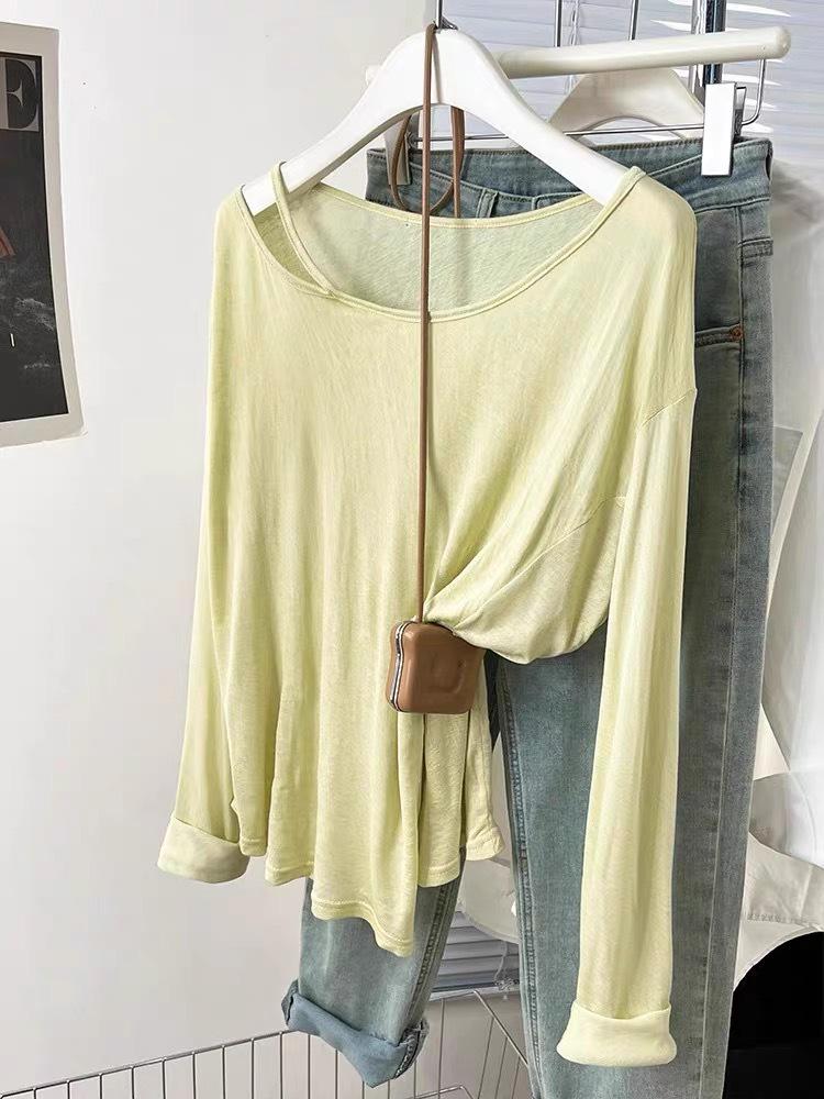 Women's Blue Off-the-Shoulder Sun Protection Long-Sleeve T-Shirt, Summer Loose Fit Cover-Up Top