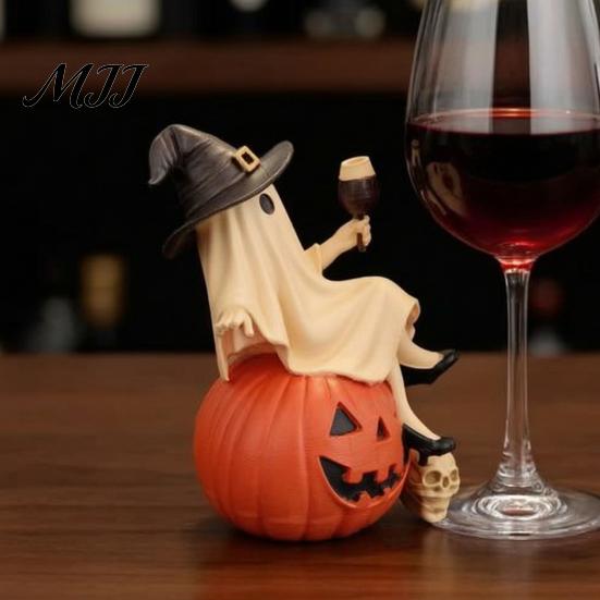 Decorative Bar Accessories Cute Ghost Figurine, Sitting on Pumpkin Statue with Witch Halloween Party Table Centerpieces Hat, Resin Tabletop