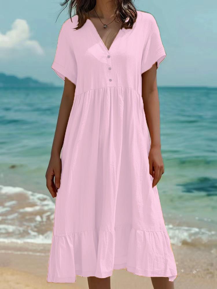 2026 Spring/Summer European & American Women's Solid Color Pleated Short Sleeve Dress