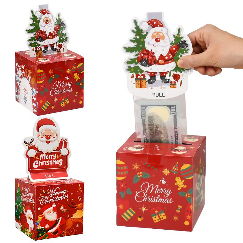 Christmas Money Gift Box Cash Pull Out Storage Box with 52 Transparent Bag Kids Christmas DIY Surprise Gift New Year Party Decor