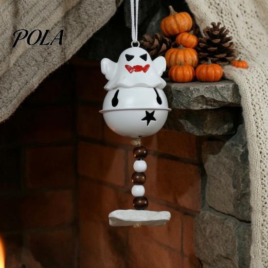 Retro Wooden Bead Decor Halloween Ghost Bell Hanging Decor, Cute Resin Door Ornament with Star Base, Funny Decorations Spooky Festive Hanger for Home
