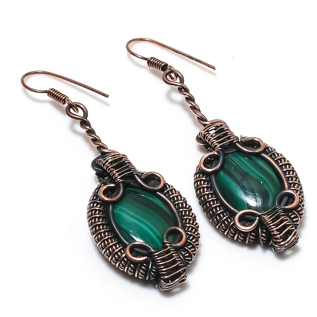 Malachite Earrings, 999 Copper Wire Wrapped Jewelry, Gift For Women Handmade Earrings Gemstone Jewelry