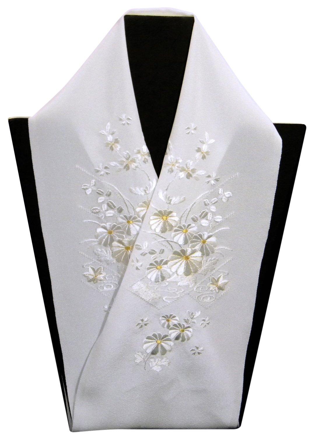 

[Hinoya] Embroidered Half-Collar, Floral Pattern, White with Chrysanthemum and Gold Design, for Formal Kimono (Furisode, Tomesode), Made in Japan