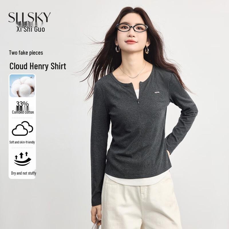 sllsky Women s Faux Two-Piece Long Sleeve T-Shirt XL