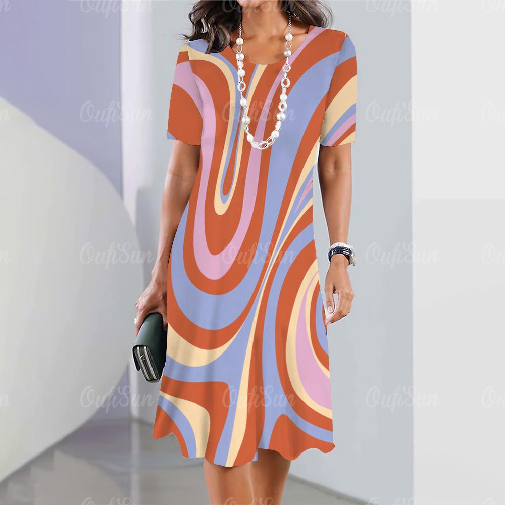 

Summer Women s Dress Short-sleeved A-line Color Skirt Irregular 3d Printing 3 Fashion Loose Round Neck Dress 5XL